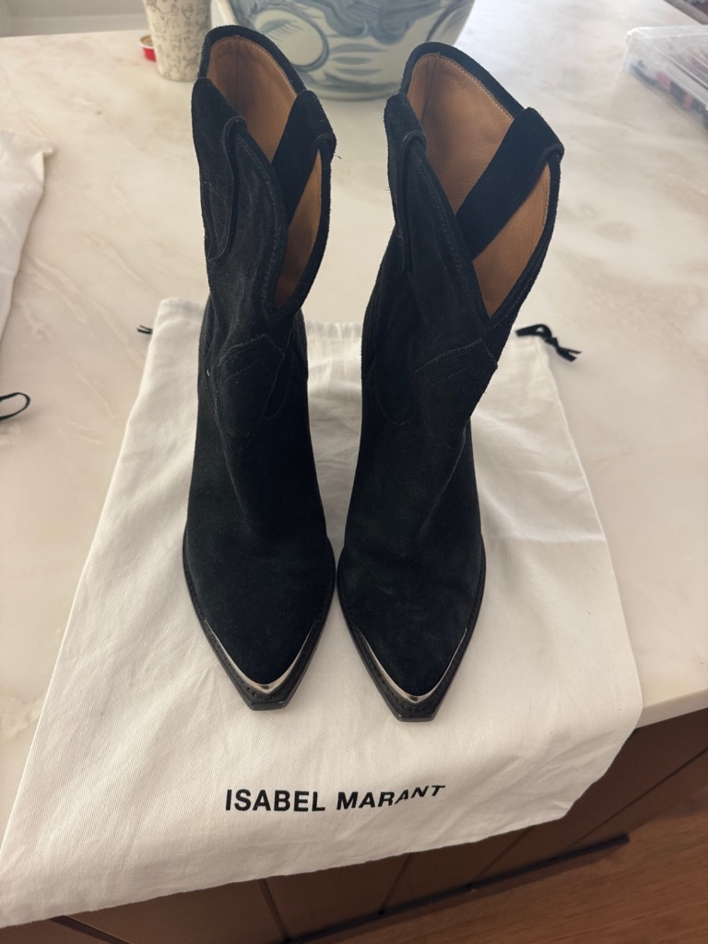 Isabel Marant Black Suede Pointed Toe Western Cutout Ankle Boots